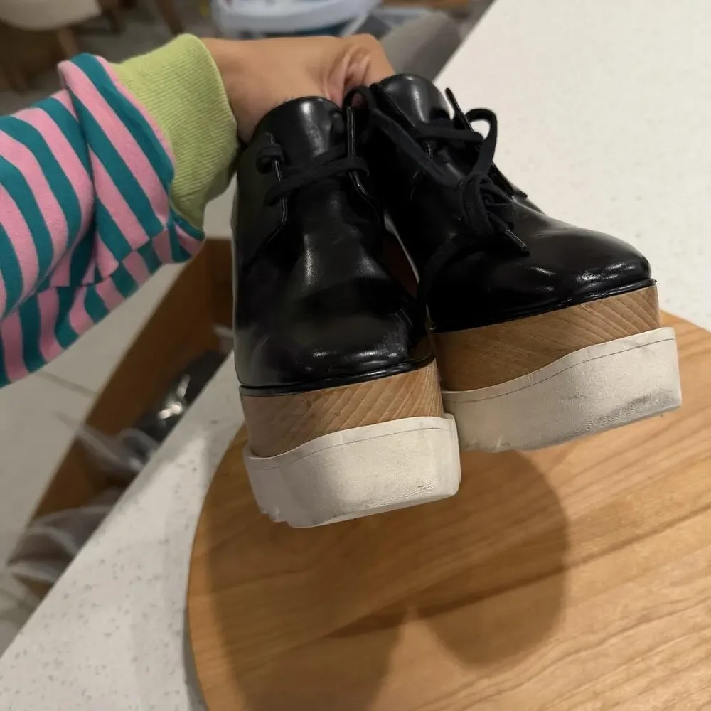 Stella McCartney Heels 7 Elyse Platform Wedge Square Toe Black Office Chic Italy